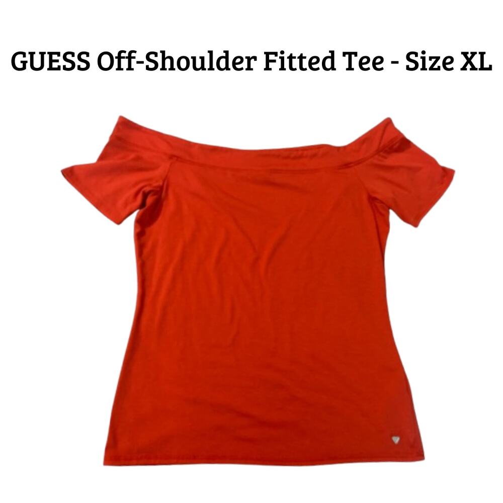 SOLD - GUESS Off-Shoulder Fitted Tee – Bright Orange Y2K 2000s Top - Size XL